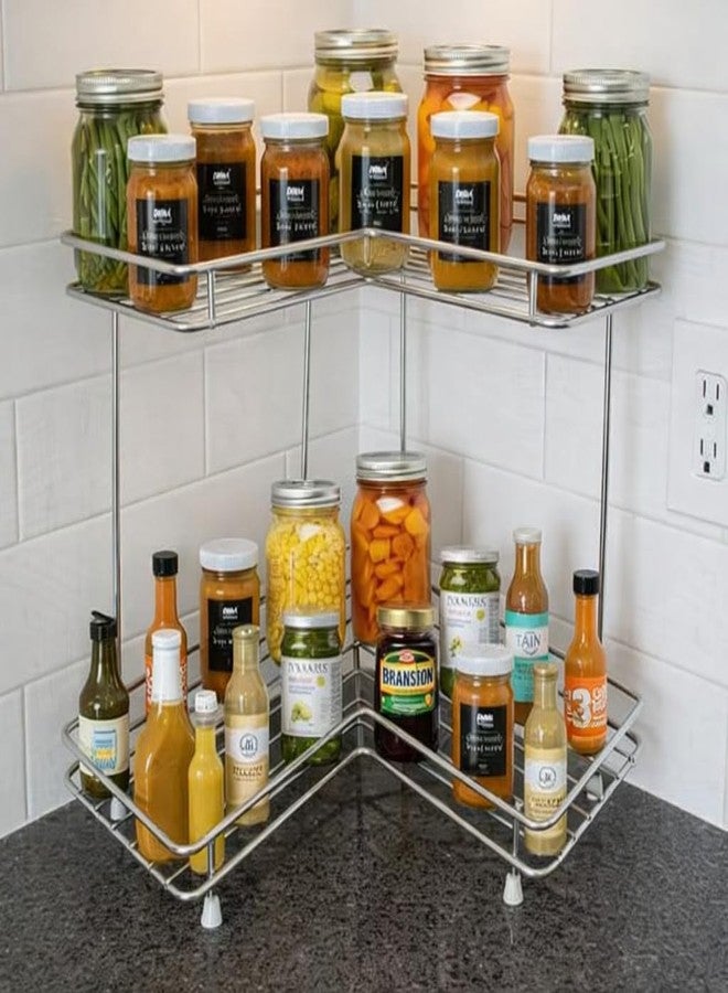 MLU 2-Tier Corner Countertop Organizer Rack | Stainless Steel L-Shape Kitchen Storage Shelf for Spices, Jars, Oil Bottles & Condiments | Space-Saving Kitchen Corner Rack - Image 1